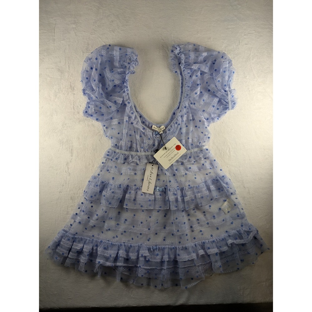 NWT For Love & Lemons Lace Mini Dress Polka Dot Ruffle Party Puff Sleeve M - Picture 4 of 14